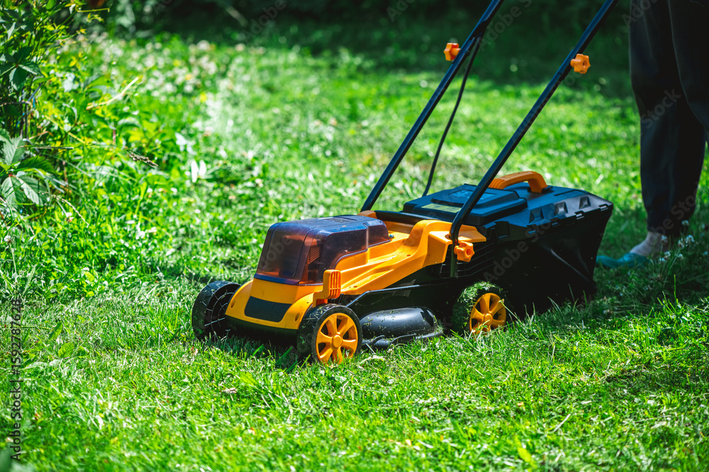 Fototapeta premium Gardener cutting overgrown grass with a lawn mower in a backyard garden on a sunny summer day, diligently maintaining the lush lawn and enhancing the outdoor space