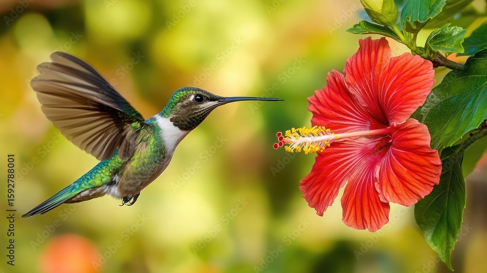 Naklejka premium A beautiful hummingbird caught mid-hover near a red hibiscus flower