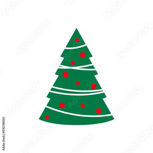 Green Christmas tree with red ornaments and white tinsel presents a festive and holiday themed design for cards and decorations.