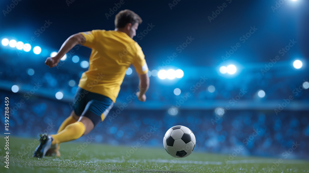 Fototapeta premium Dynamic soccer action in a floodlit stadium pitch