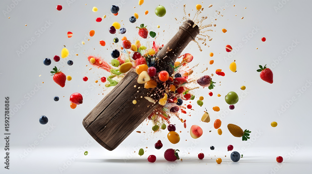 .A dramatic scene of a rustic wooden bottle bursting open, releasing a colorful explosion of assorted fruits into the air, with motion blur and sharp detail, all suspended mid-air . .A dramatic scene of a rustic wooden bottle bursting open, releasing a colorful explosion of assorted fruits into the air, with motion blur and sharp detail, all suspended mid-air .