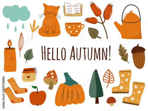 Hello autumn doodle set with cozy cat, pumpkin, mug and fall icons