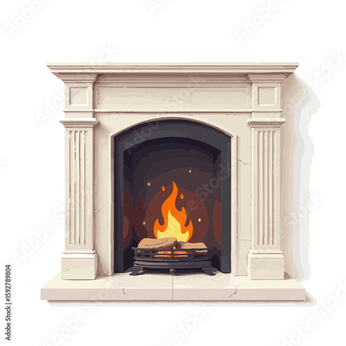 Vector illustration of fireplace with marble classic style on white background, home decor