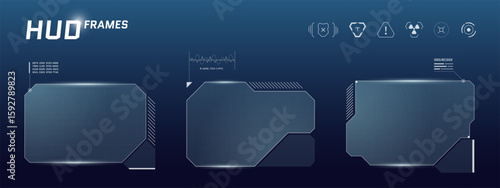 Modern sci fi dashboard with holographic menu, video panel and interface windows. Cyberpunk HUD in blue tones overlays space background with virtual gamer UI elements.