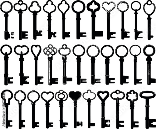 Collection of antique skeleton keys in silhouette on white background vintage
