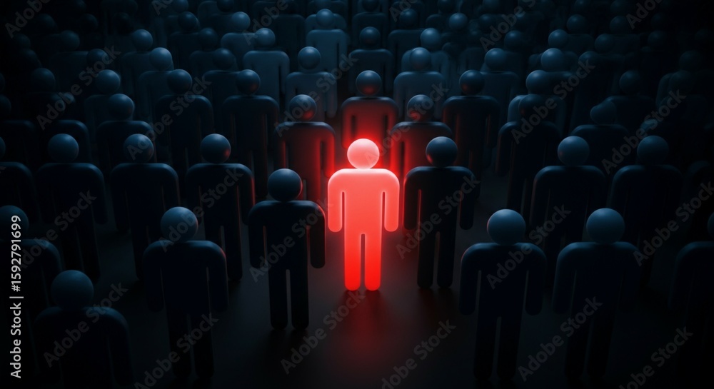 Fototapeta premium Stand Out from the Crowd Concept – Red Individual Among Blue Figures in Spotlight.