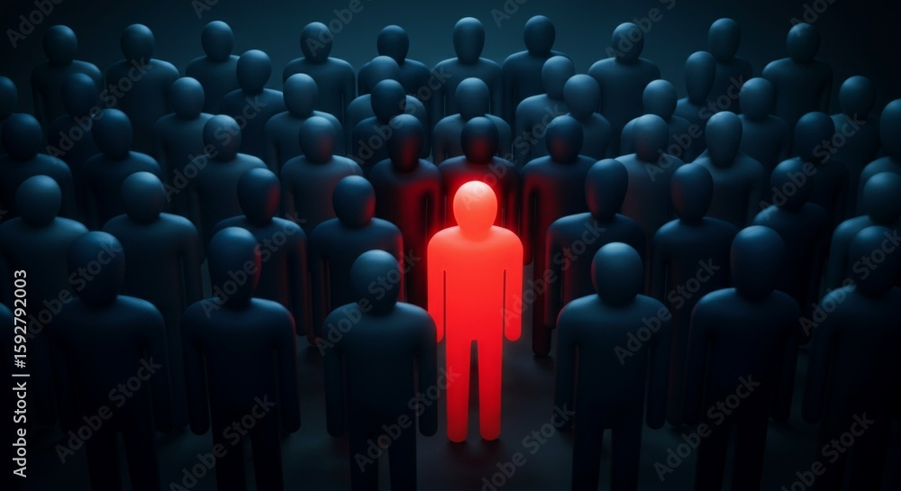 Fototapeta premium Stand Out from the Crowd Concept – Red Individual Among Blue Figures in Spotlight.
