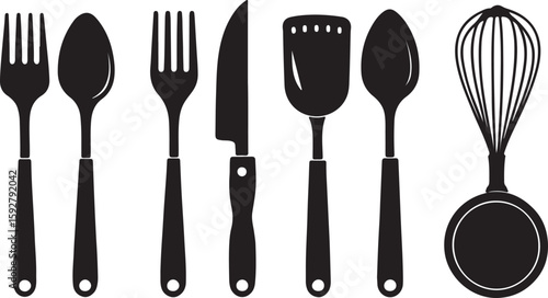 Fork spoon and knife set of shiny silverware isolated on white background