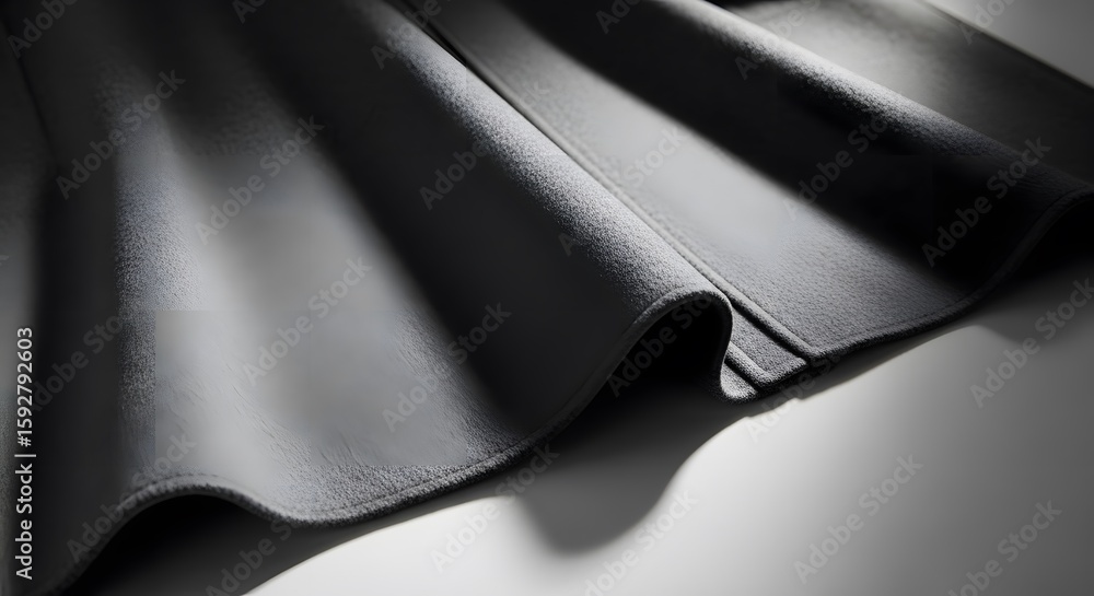 Naklejka premium Close up view of a glossy black textured material folded in waves against a white background illuminated by directional lighting creating shadows