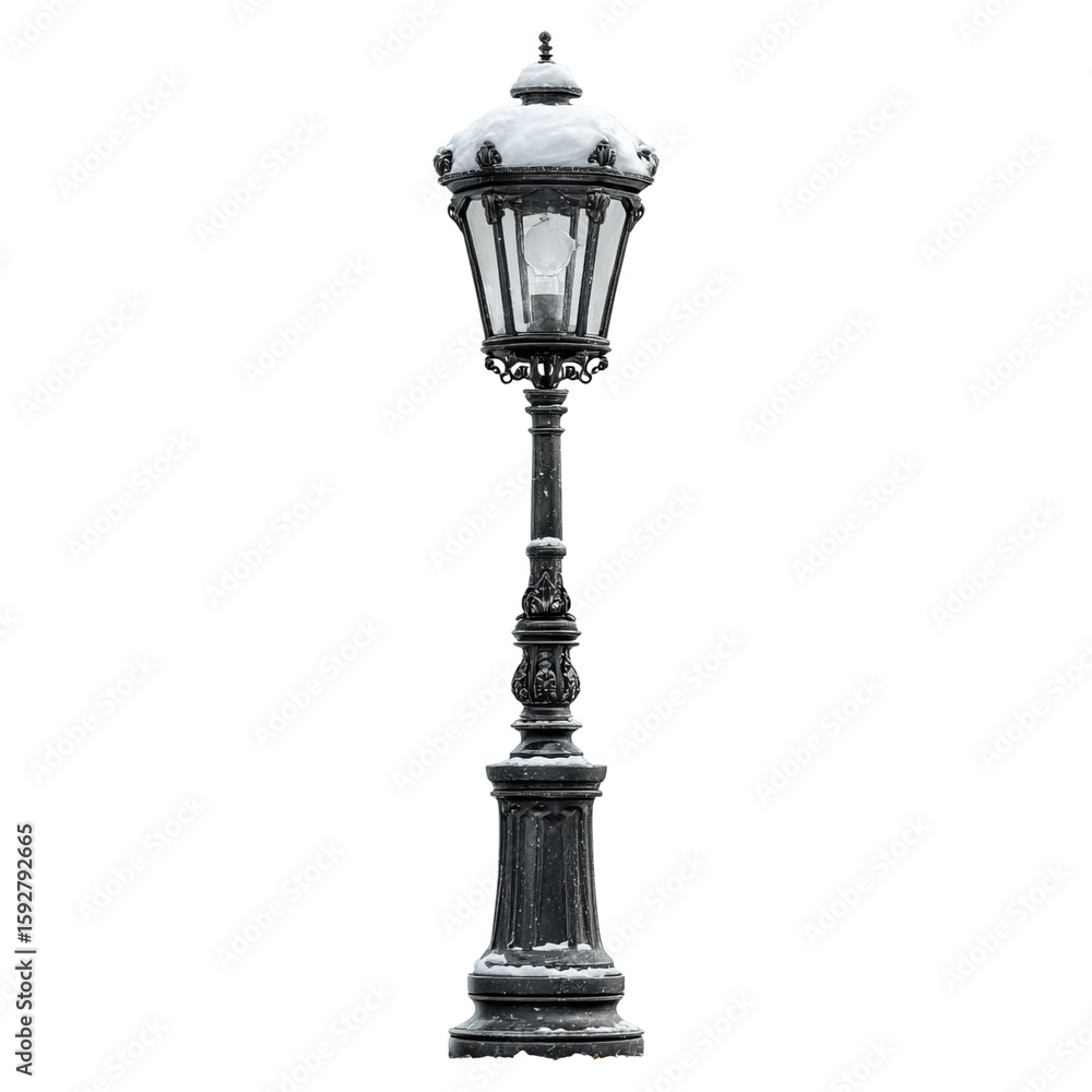 Obraz premium Elegant vintage street lamp covered in fresh snow with transparent background