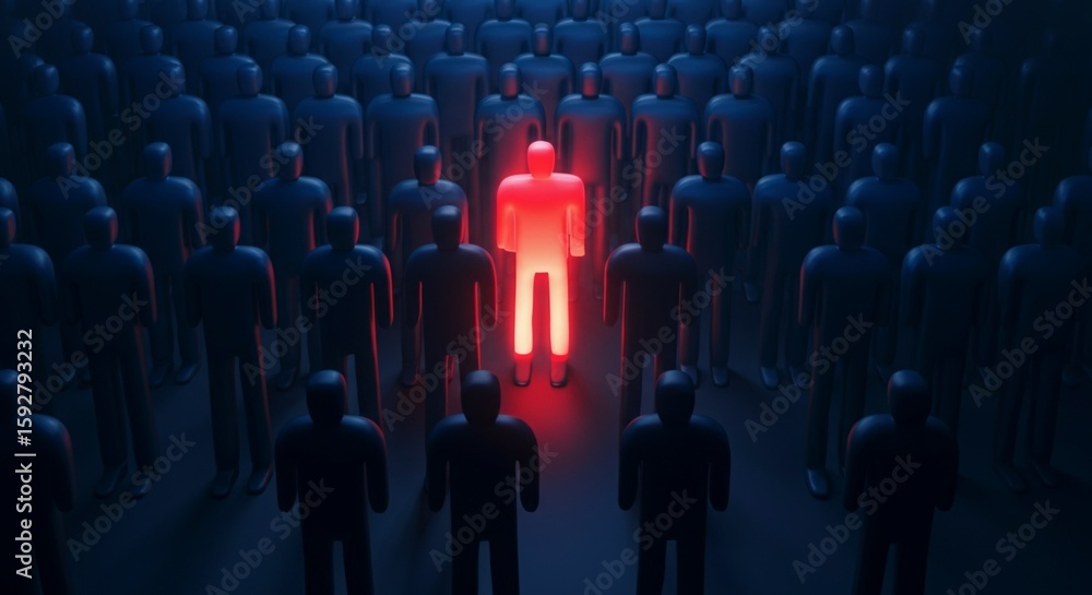 Fototapeta premium Stand Out from the Crowd Concept – Red Individual Among Blue Figures in Spotlight.