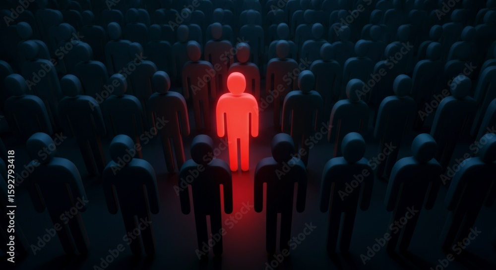 Fototapeta premium Stand Out from the Crowd Concept – Red Individual Among Blue Figures in Spotlight.