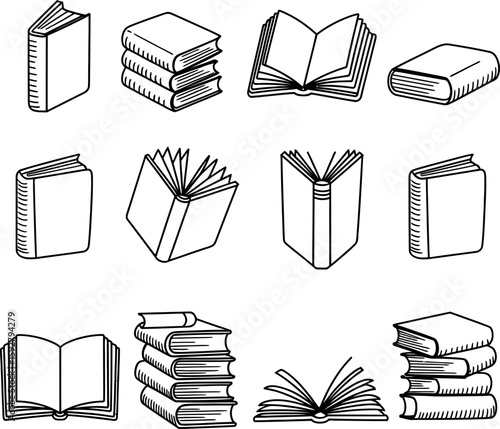 Collection of black and white line art drawings of books in various open and closed positions reading