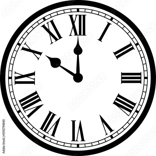 Black and white analog clock face with Roman numerals and hands time