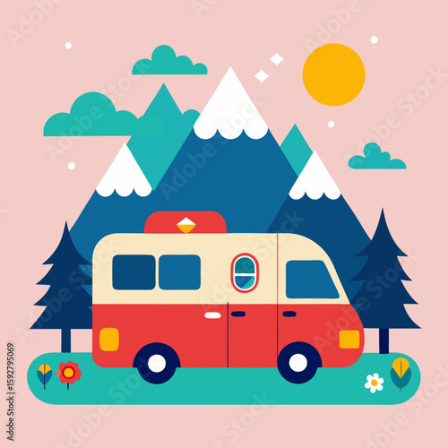 A campervan parked in a scenic campsite landscape vector on pink background.