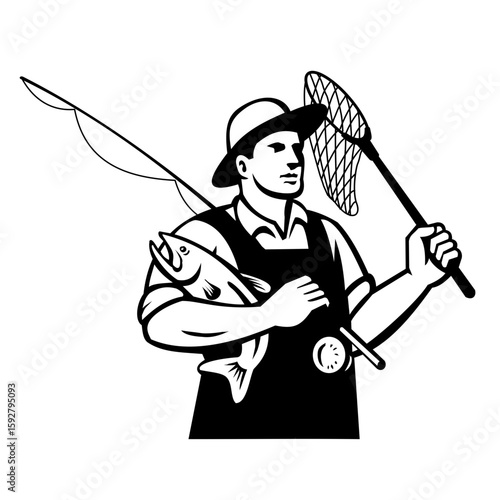 Mascot illustration of a fly fisherman with fishing rod and fly fishing landing net holding a trout or salmon fish viewed from side on isolated background in black and white retro style.