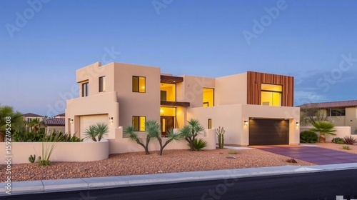 A modern, two-story desert home with cream stucco walls and natural wood paneling, viewed from street level. The house has large glass windows glowing warmly from the interior lights. It is surrounded