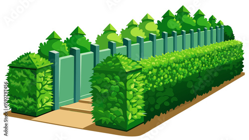 Green hedge fence with trimmed top along house boundary. Natural privacy solution