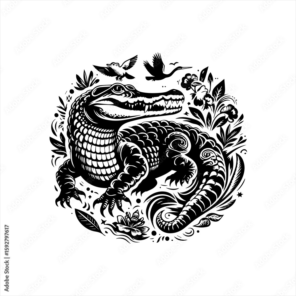 Fototapeta premium Alligator and birds in circle