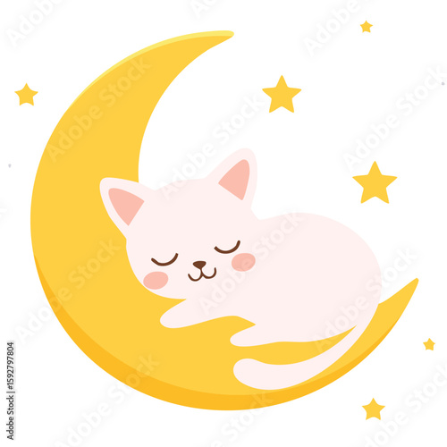 Cute moon cat sleeping flat vector