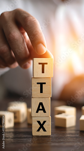 Hand stacking wooden blocks spelling tax letters