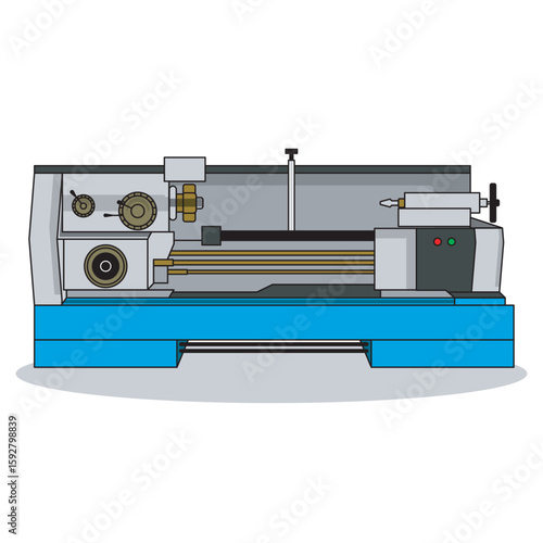 Colored vector illustration of a bench lathe machine, showing detailed components including gears, spindle, and bed. Used for precision metal or wood turning in workshops or factories.