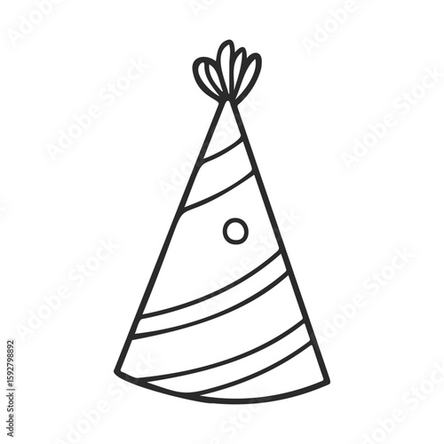 Minimalist outline of a party hat with decorative stripes and pom-pom top