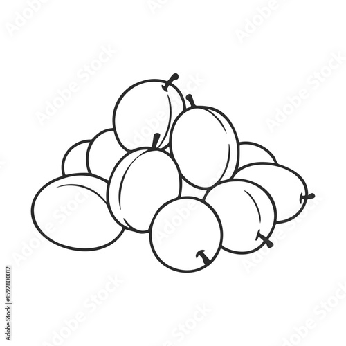 Outlined illustration of a cluster of fresh plums in simple black and white art