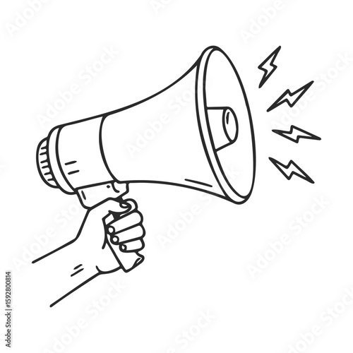 Hand holding megaphone with sound waves illustration