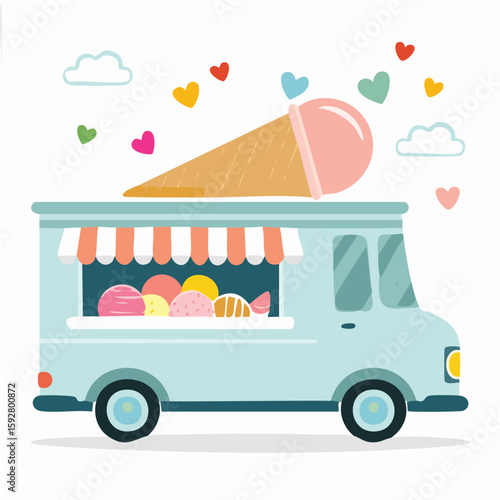 Cute ice cream truck humming flat vector