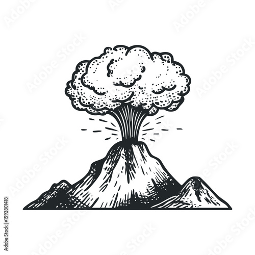 Erupting volcano with ash cloud and mountain backdrop