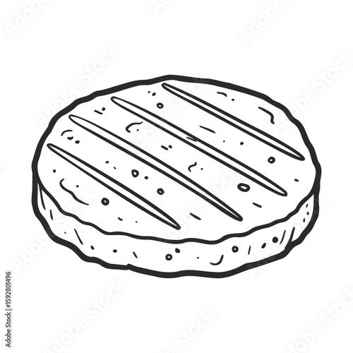 Grilled burger patty sketch with grill marks in black and white