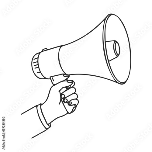 Hand holding megaphone line drawing sketch highlighting communication device