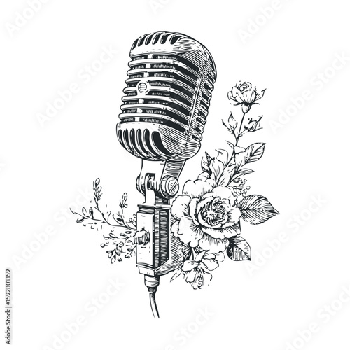 Vintage microphone with floral accents for artistic designs