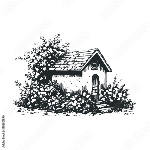 Rustic garden shed surrounded by blooming flowers in spring