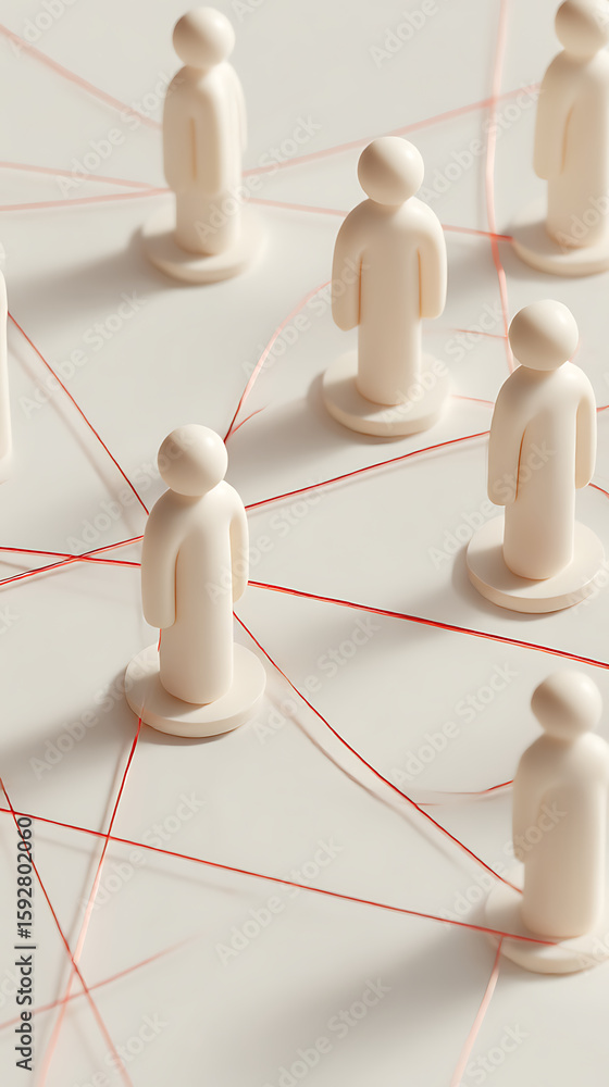 Obraz premium Minimalist figures connected by thin red threads connection network