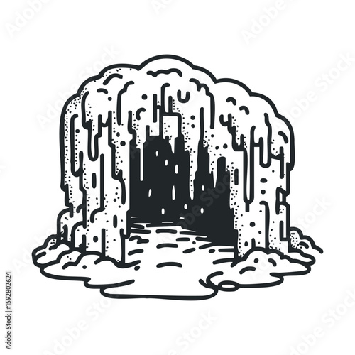 Cave entrance with melting ice and rocky formations in winter