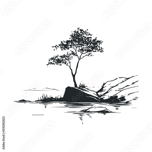 Serene nature landscape with tree reflecting in calm water
