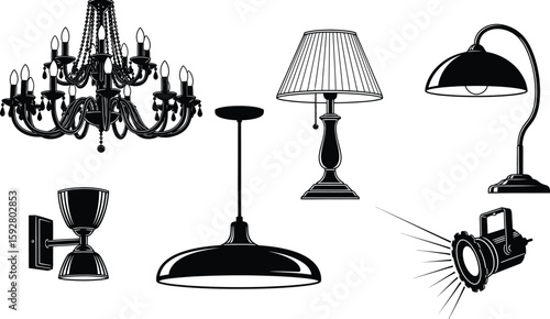 Collection of home lighting elements including lamps and ceiling lights presented as a silhouette isolated on white background