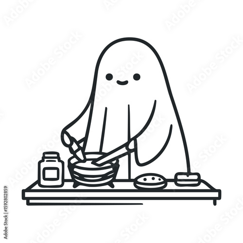 Friendly ghost preparing delicious pancakes in the kitchen