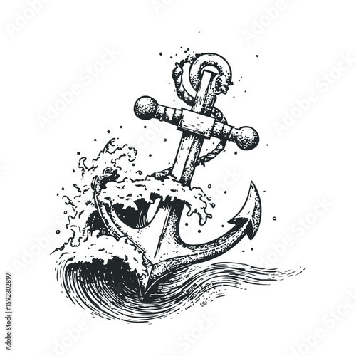 Antique ship anchor surrounded by ocean waves for nautical design