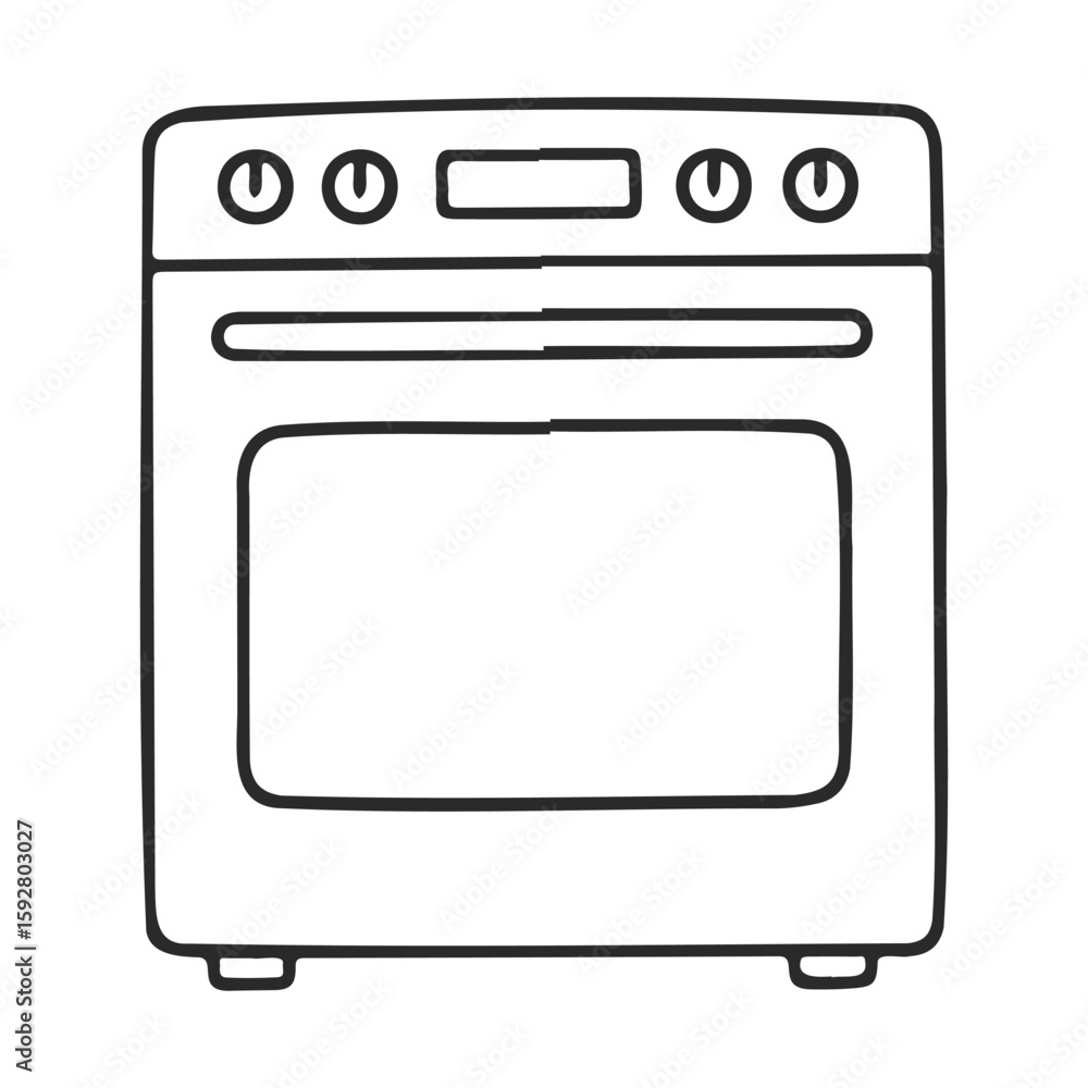 Simple black and white outline of a kitchen oven with knobs and handle Simple black and white outline of a kitchen oven with knobs and handle
