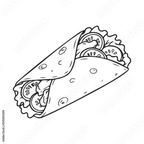 Black and white burrito line art with fresh vegetables and lettuce