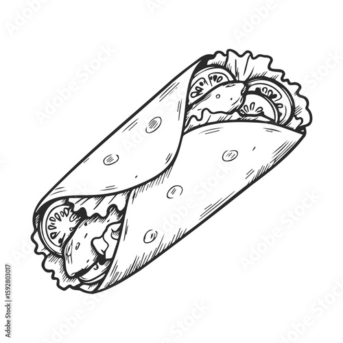 Black and white hand-drawn burrito sketch showing traditional mexican wrap ingredients