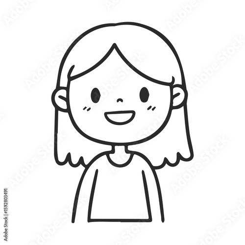 Smiling female child cartoon character with long hair in black and white drawing