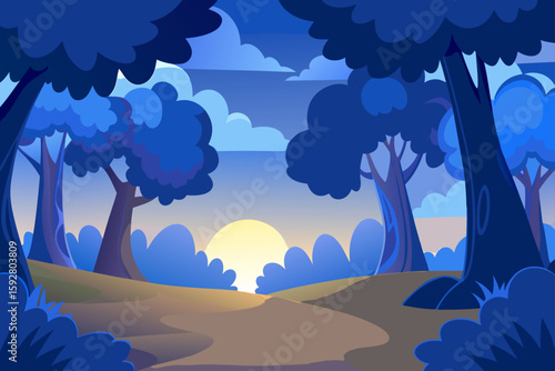 Cartoon Dusk Forest Clearing With Layered Tree Shapes