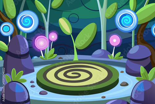 Cartoon Glade With Floating Light Orbs And Spiral Plants