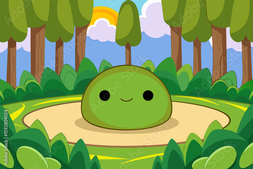 Cartoon Glade With Round Grass Patch And Tall Leafy Woods