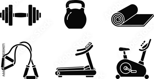 Collection of gym equipment silhouettes for fitness and sports design projects isolated on white background silhouette
