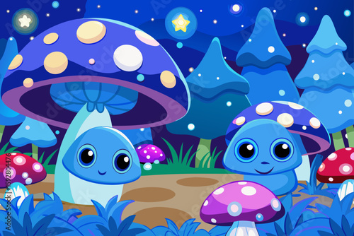 Cartoon Night Glade With Glowing Mushrooms And A Blue Haze